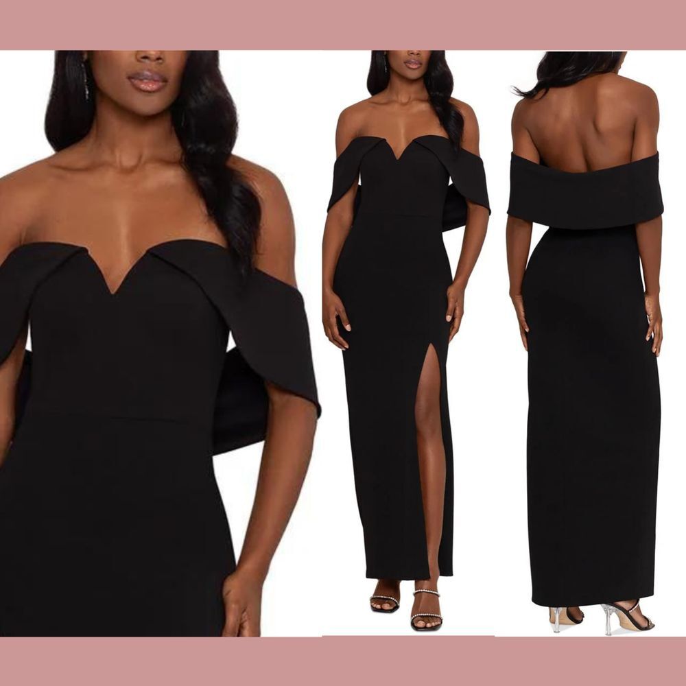 NWT $259 Xscape [ 4‎ ] Black Knit Off-The-Shoulder Scuba Evening Gown #Q960